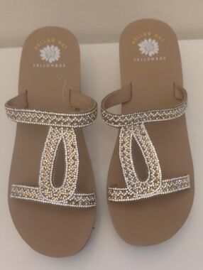 New Yellow Box Taupe Slide Sandals with Gold & Silver Beading
